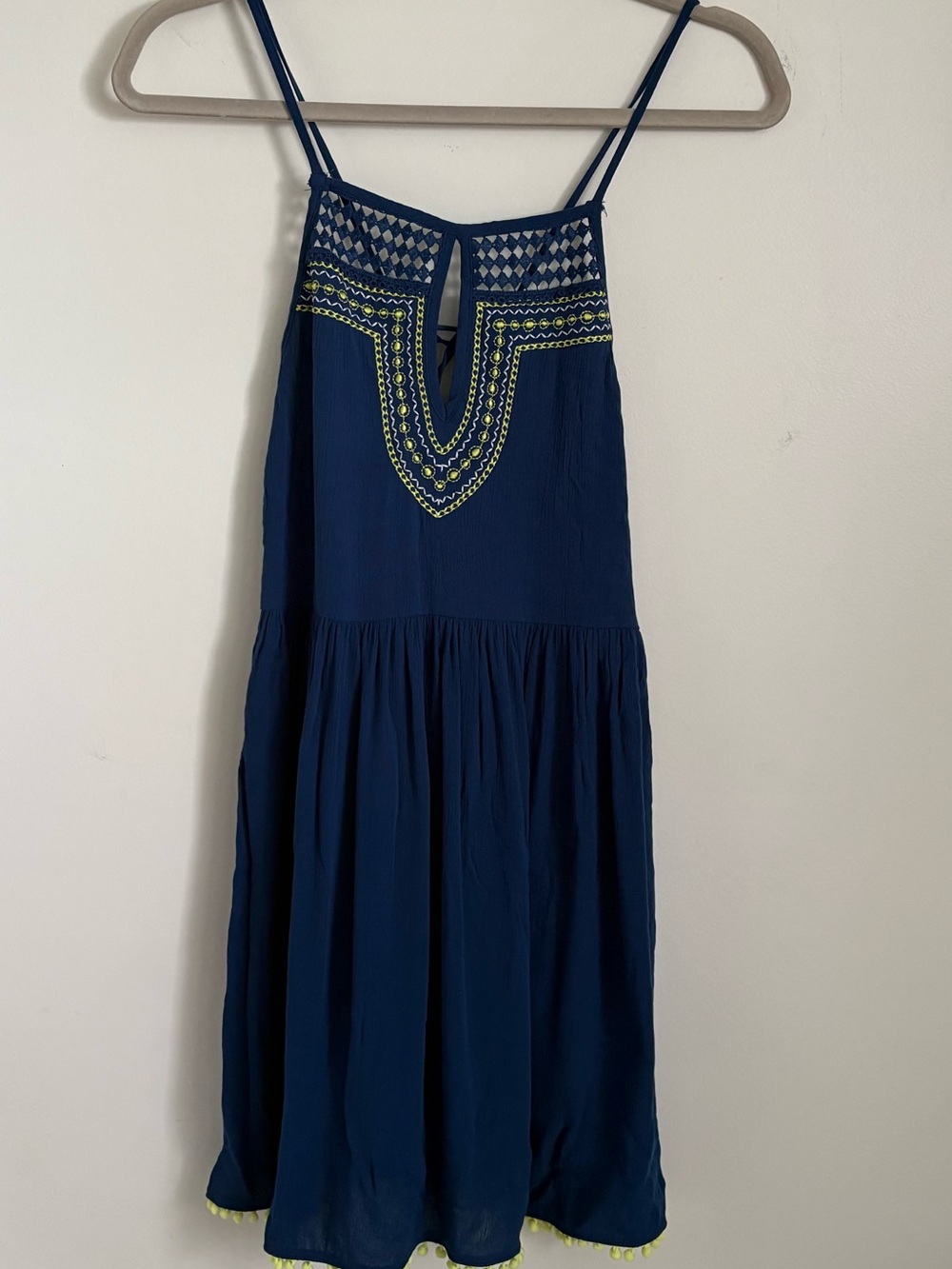 Miken Swim Navy Blue & Yellow Spaghetti Strap Embroidered Sundress Tassels Sz M